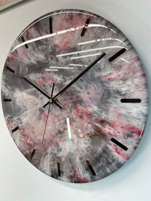 33cm Grey Blood Red Maroon and White Abstract Modern Resin Wall Clock