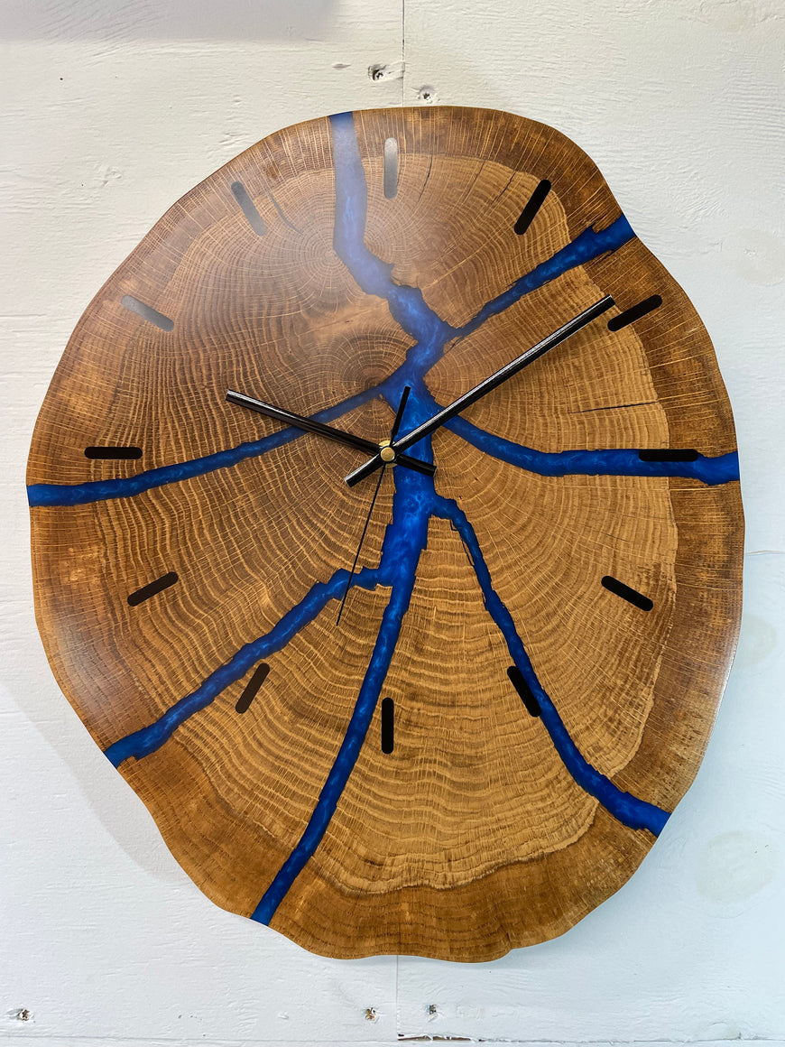 Chunky English Oak Wooden Wall Clock with Sapphire Blue Pearlescent Resin