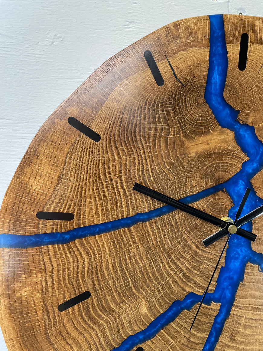 Chunky English Oak Wooden Wall Clock with Sapphire Blue Pearlescent Resin