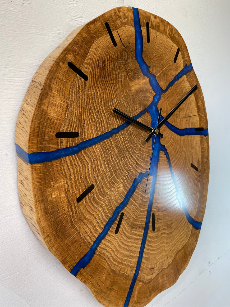 Chunky English Oak Wooden Wall Clock with Sapphire Blue Pearlescent Resin