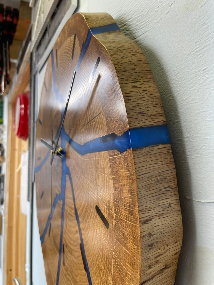 Chunky English Oak Wooden Wall Clock with Sapphire Blue Pearlescent Resin