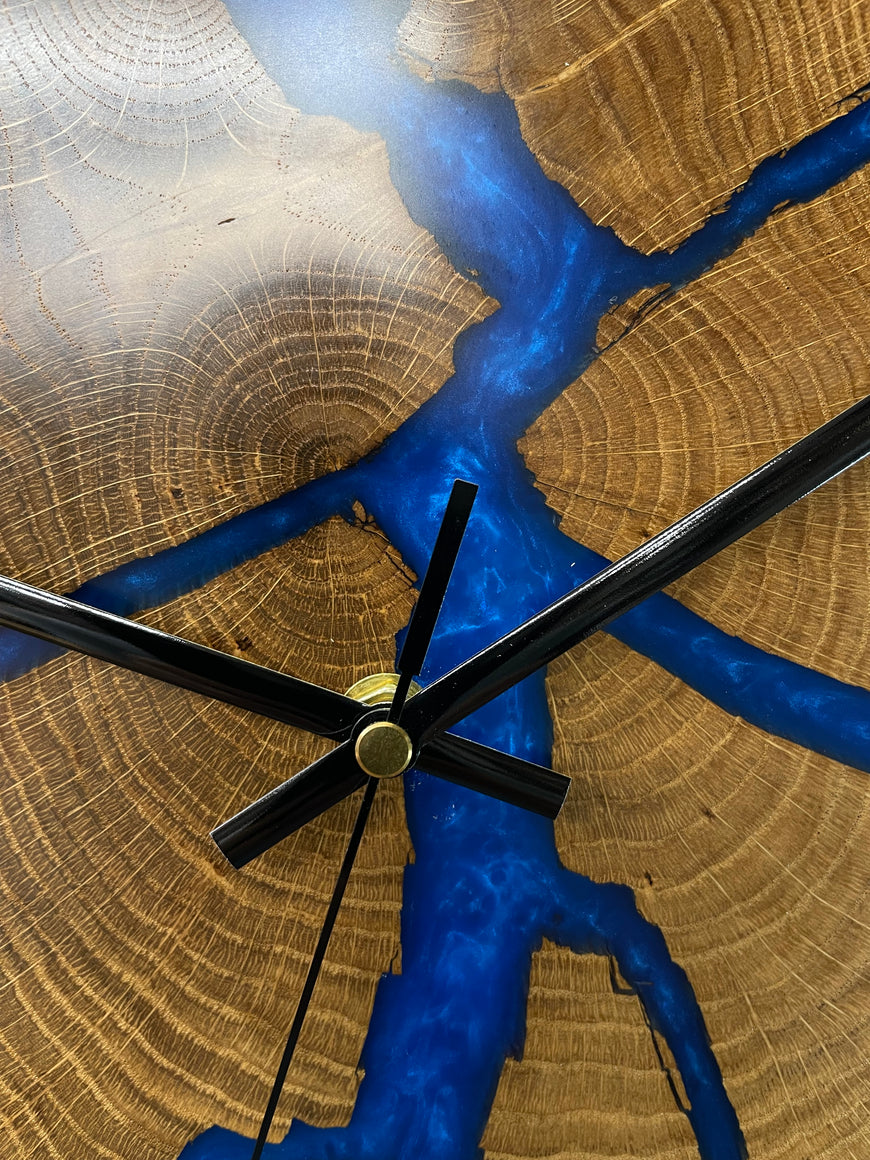 Chunky English Oak Wooden Wall Clock with Sapphire Blue Pearlescent Resin