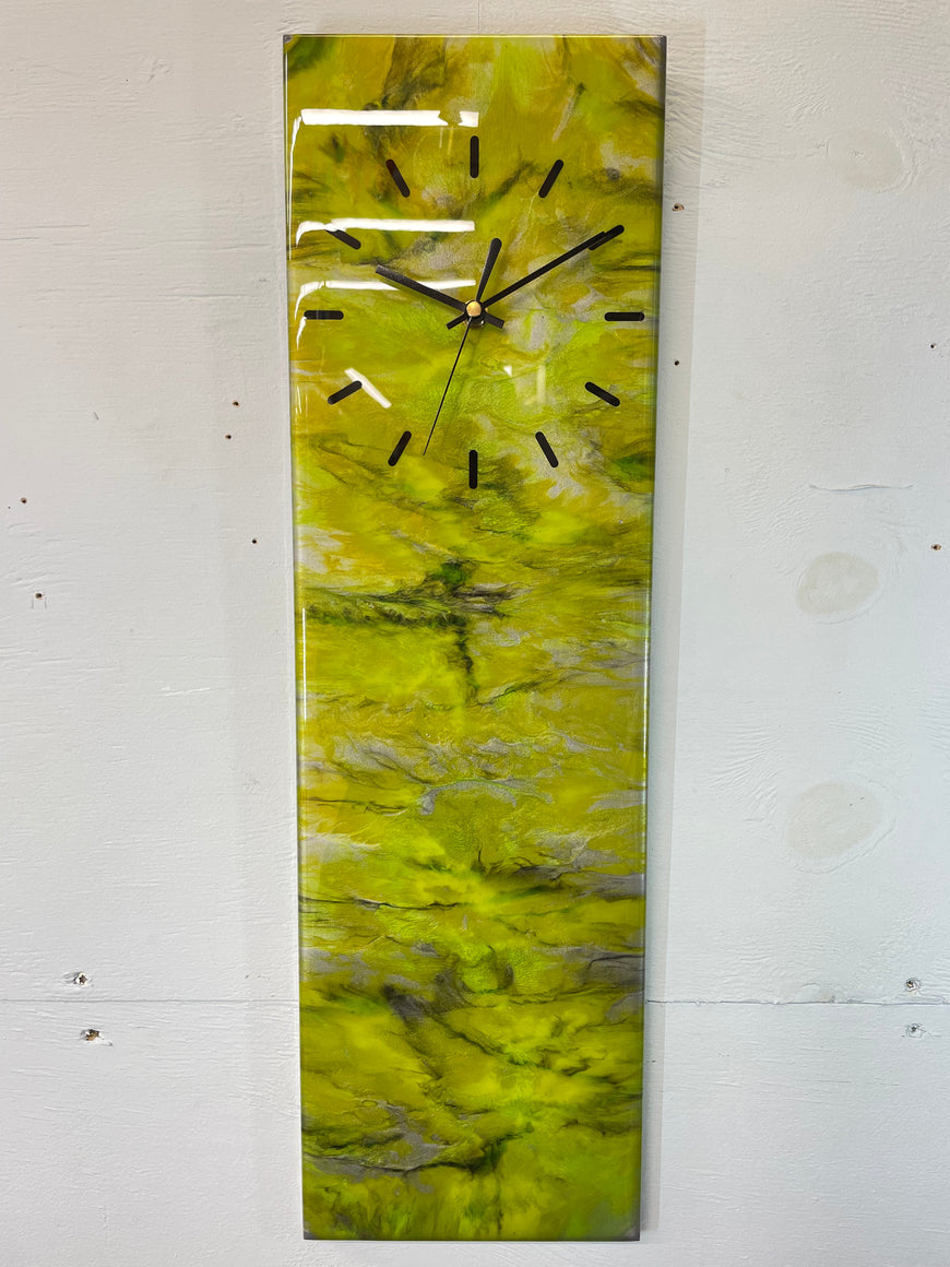 Narrow Metallic Silver Yellow and Green Abstract Resin Wall Clock