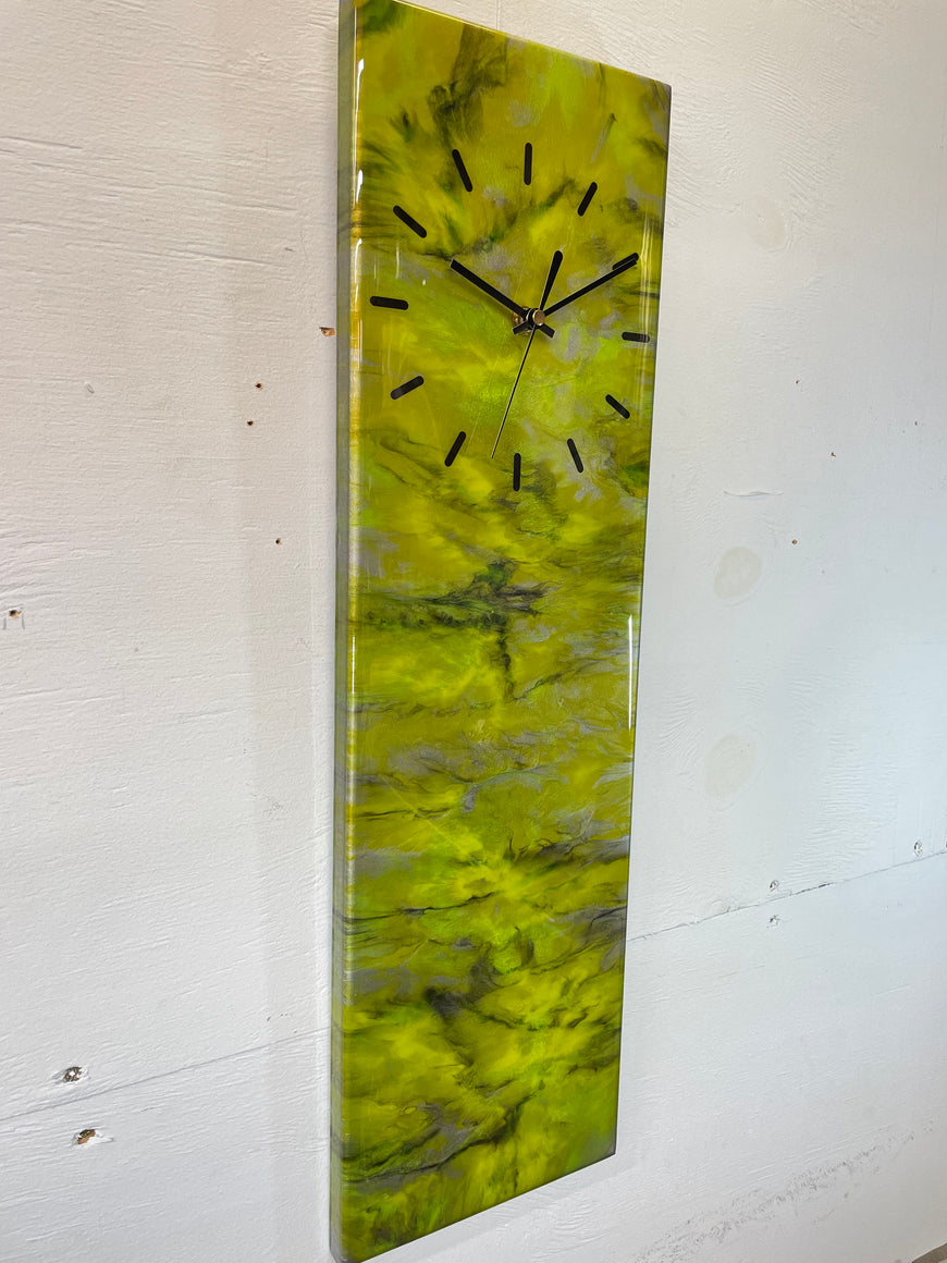 Narrow Metallic Silver Yellow and Green Abstract Resin Wall Clock