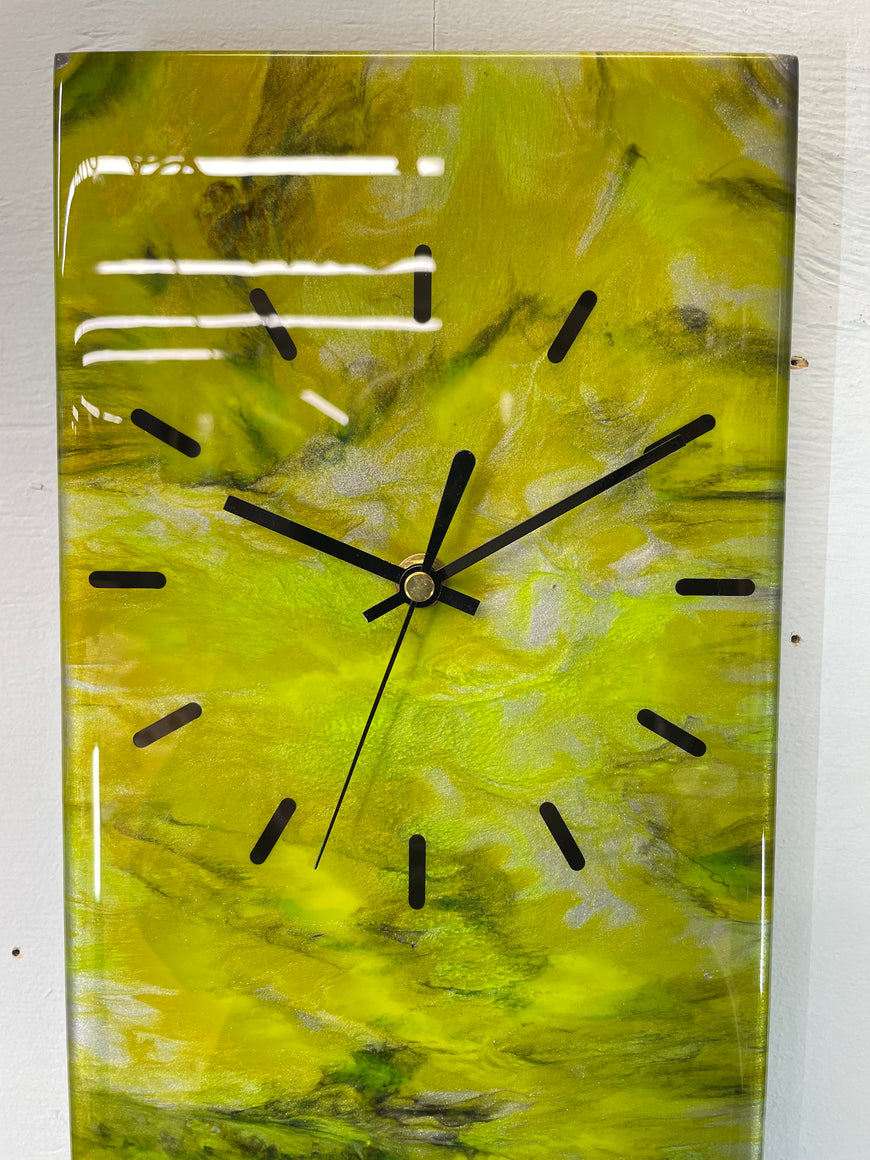 Narrow Metallic Silver Yellow and Green Abstract Resin Wall Clock