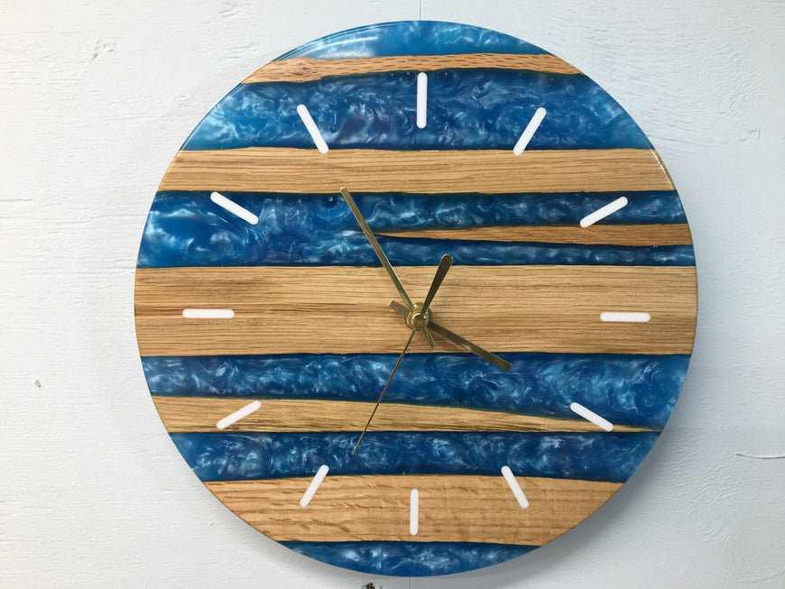 Sky Blue Pearlescent Resin and Red Oak Wall Clock