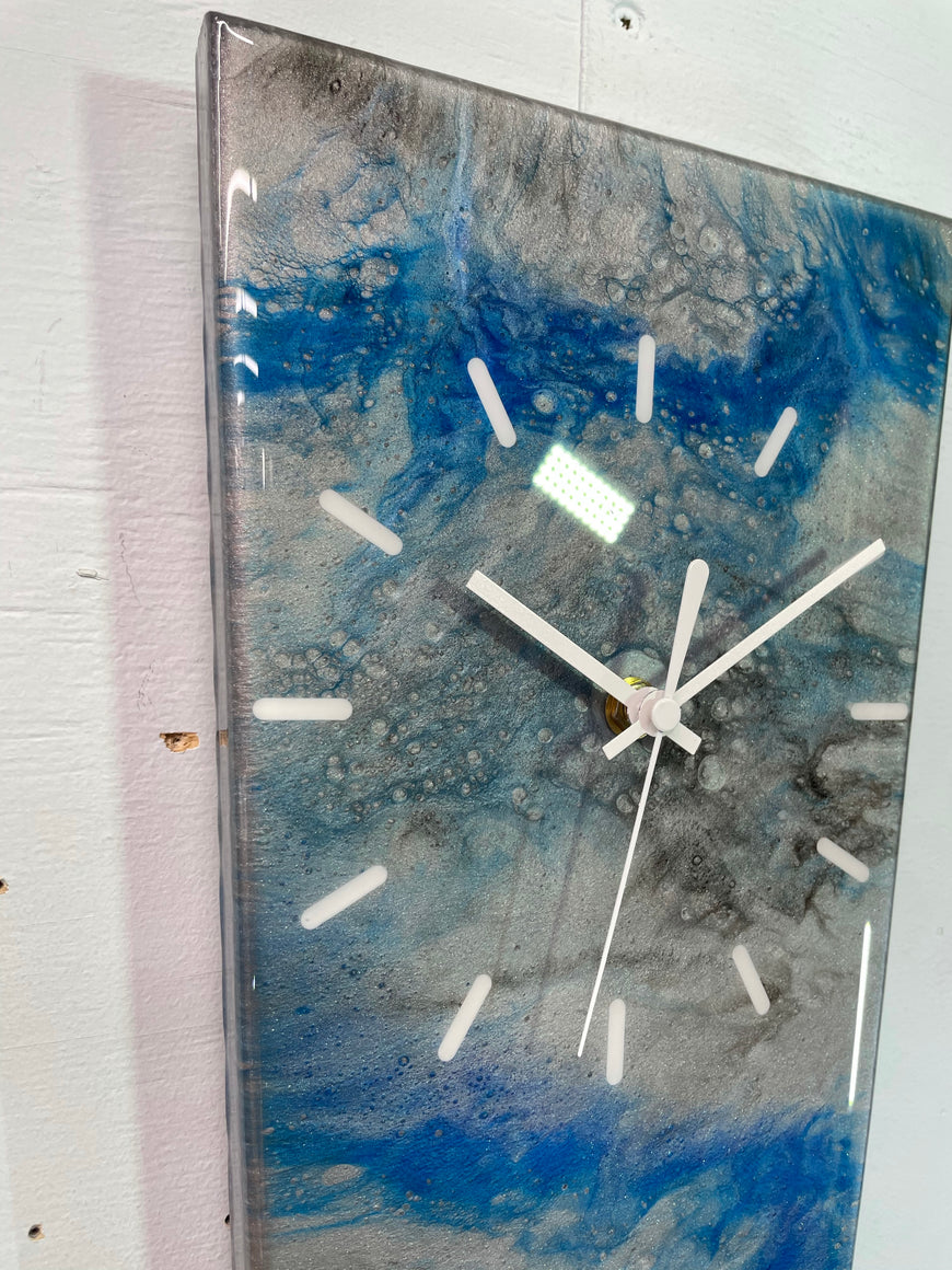 70cm Long Narrow Metallic Silver Blue and Black Abstract Resin Wall Clock