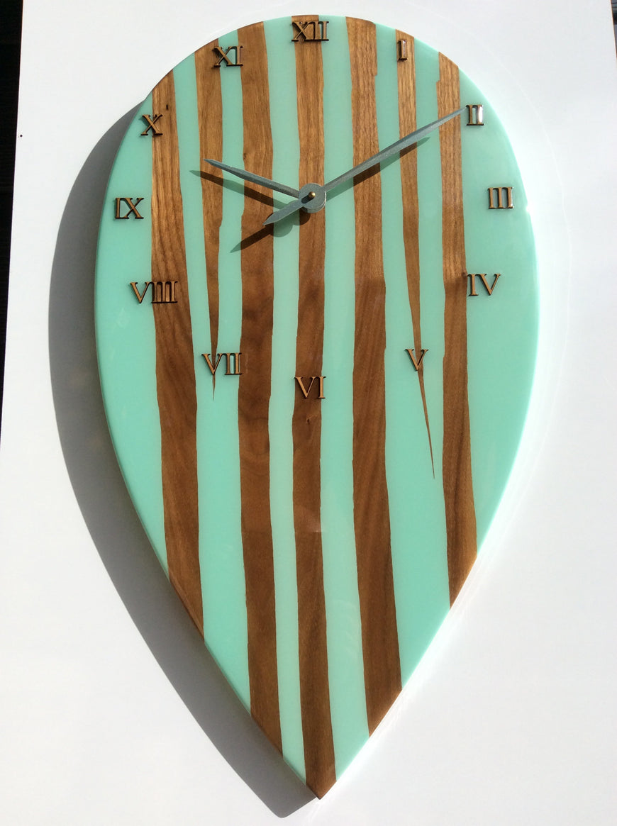 Large Wall Clock, Bespoke Clock, American Black Walnut and Mint Green Resin Clock