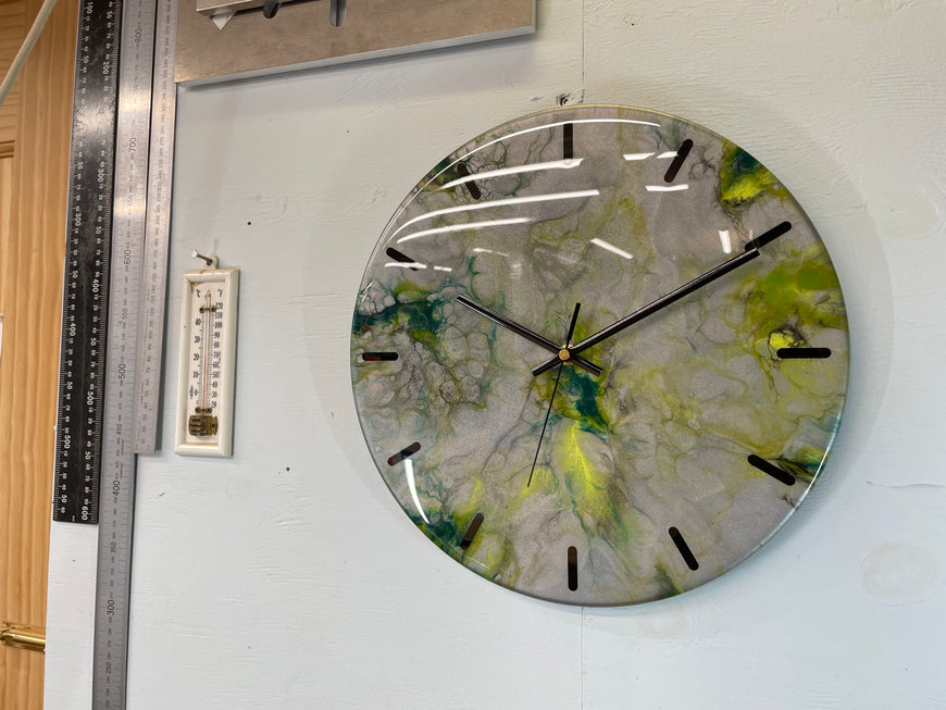 33cm Metallic Silver Dark Green and Yellow Abstract Modern Resin Wall Clock