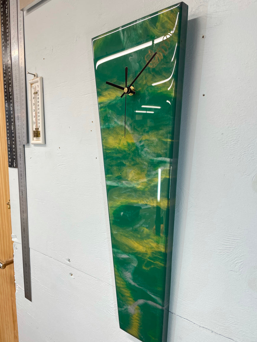 Narrow Dark Green Silver and Gold Abstract Resin Wall Clock