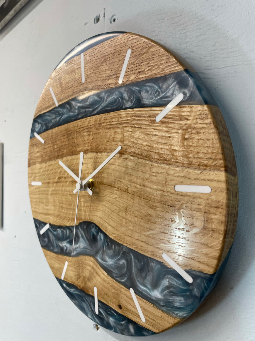 English Oak and Metallic Blue Pearlescent Resin Wall Clock