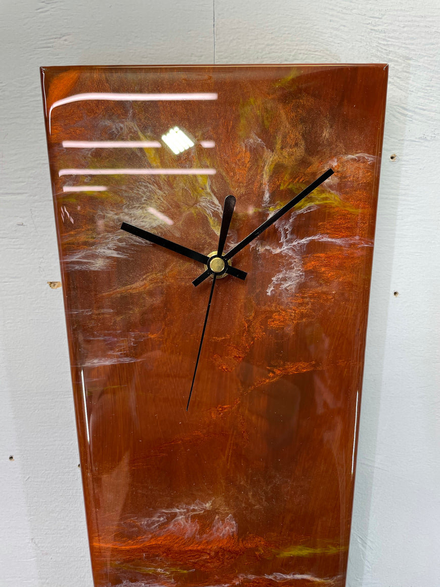 Modern Narrow Brown Copper and Ivory Abstract Resin Wall Clock