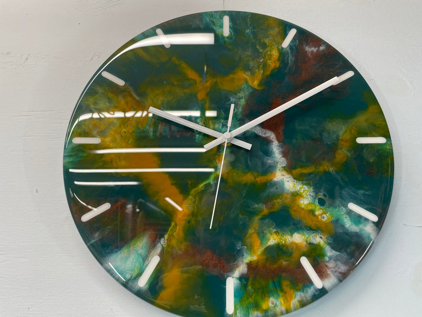 33cm Dark Green Burnt Orange and Copper Abstract Modern Resin Wall Clock