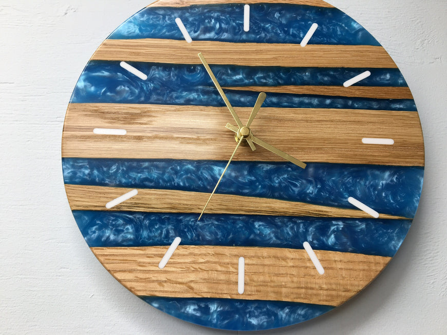 Sky Blue Pearlescent Resin and Red Oak Wall Clock