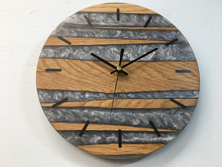 Red Oak and Silver Pearlescent Resin Wall Clock