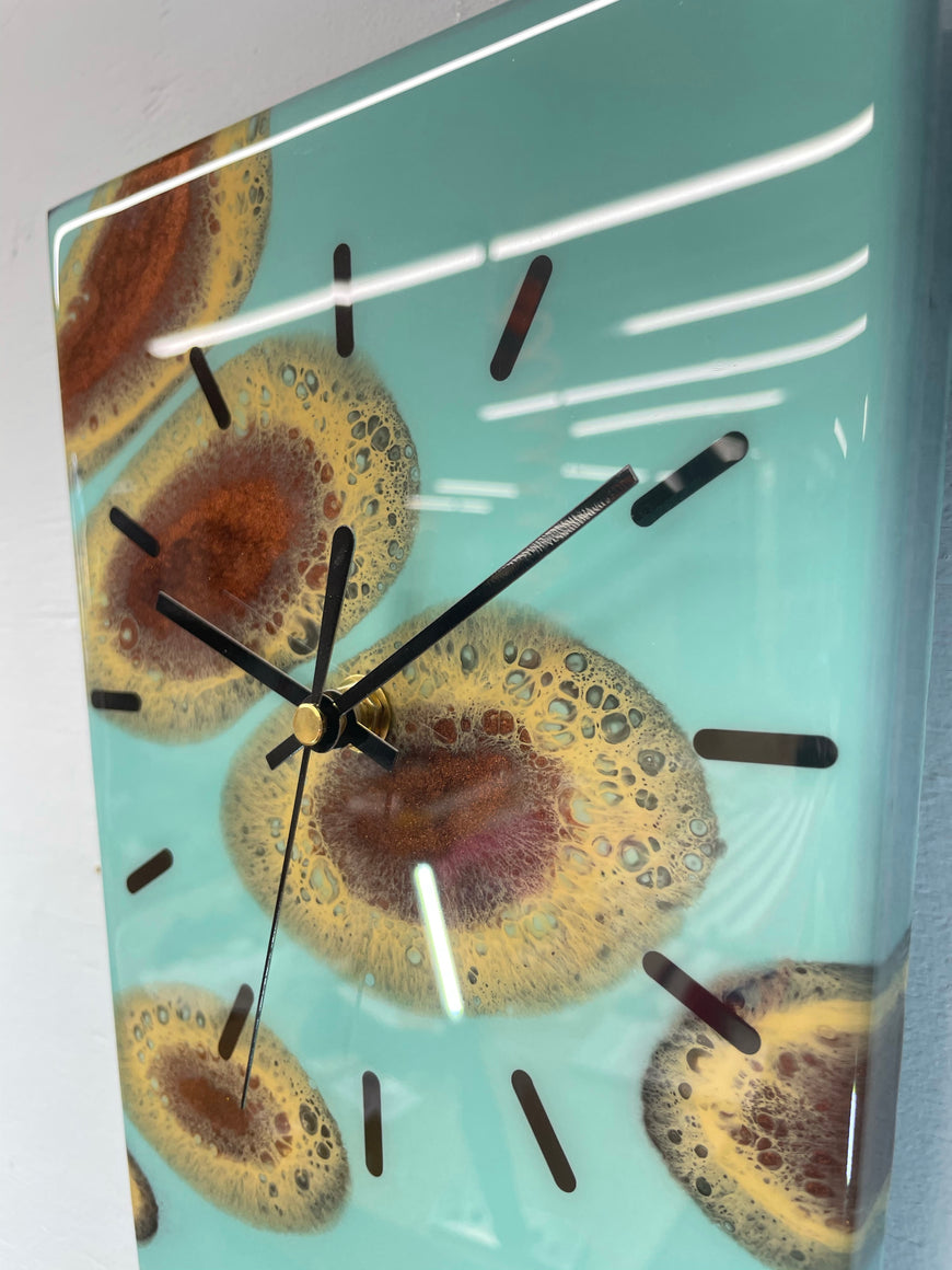 70cm Long Narrow Teal and Copper Abstract Resin Wall Clock