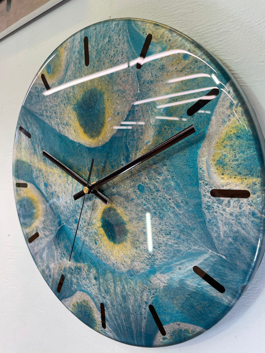 33cm Turquoise Silver and Gold Abstract Modern Resin Wall Clock
