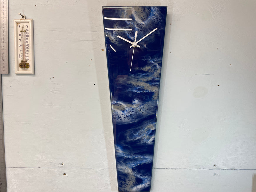 Narrow Navy Blue Grey and White Abstract Resin Wall Clock