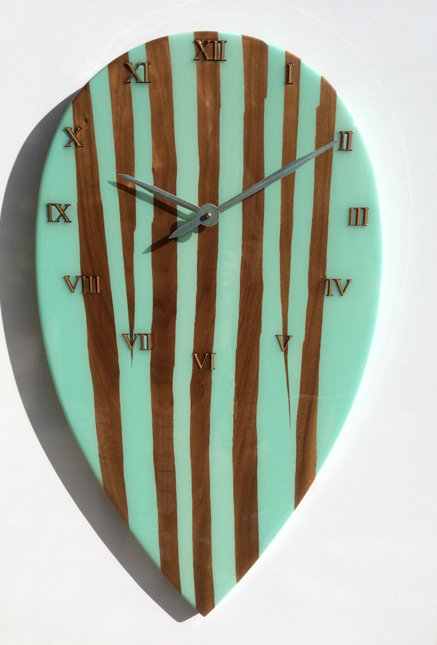 Large Wall Clock, Bespoke Clock, American Black Walnut and Mint Green Resin Clock