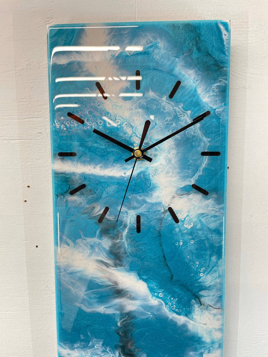 Teal Grey and Black Rectangular Abstract Resin Wall Clock