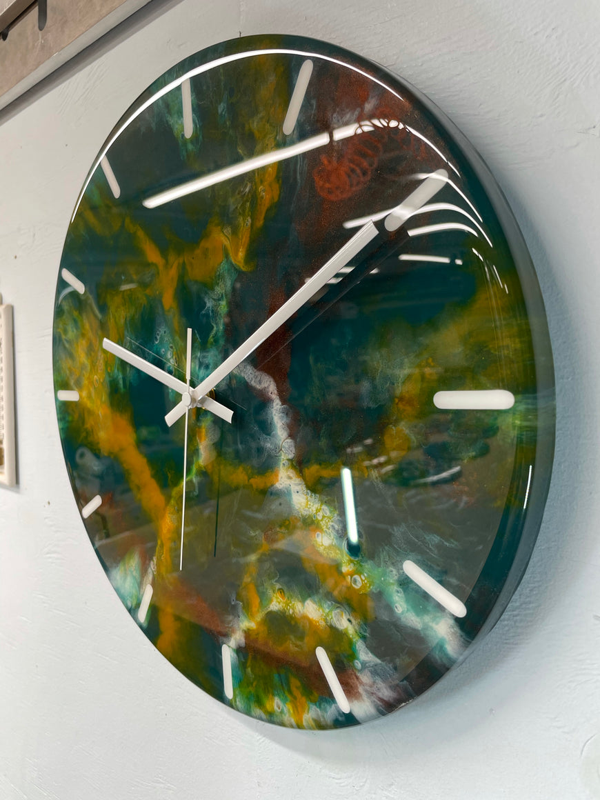 33cm Dark Green Burnt Orange and Copper Abstract Modern Resin Wall Clock