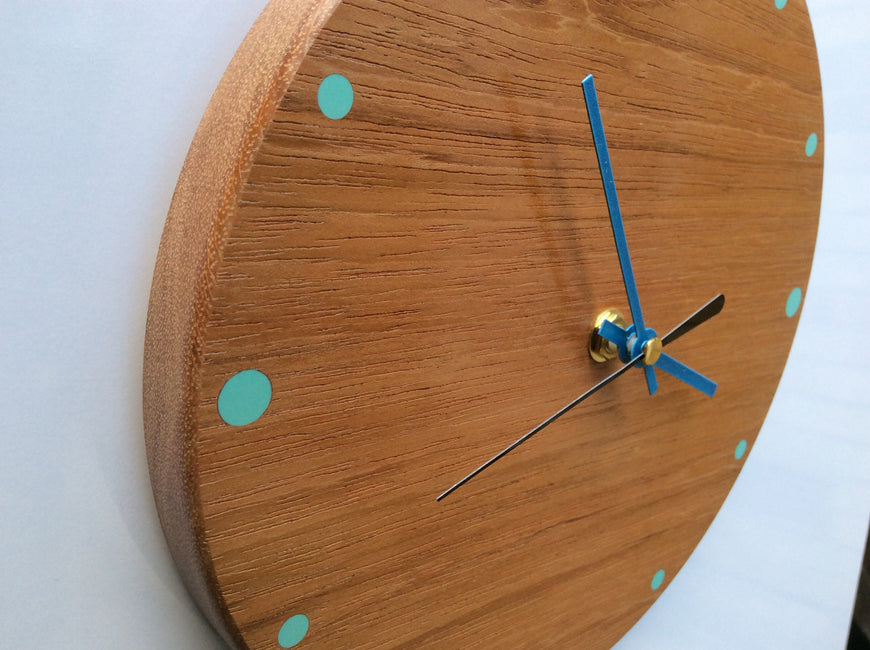 Small Wooden Wall Clock with  Blue Hands