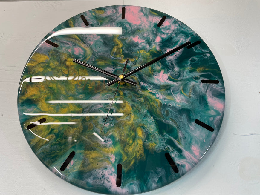 33cm Dark Green Pink and Gold Abstract Modern Resin Wall Clock