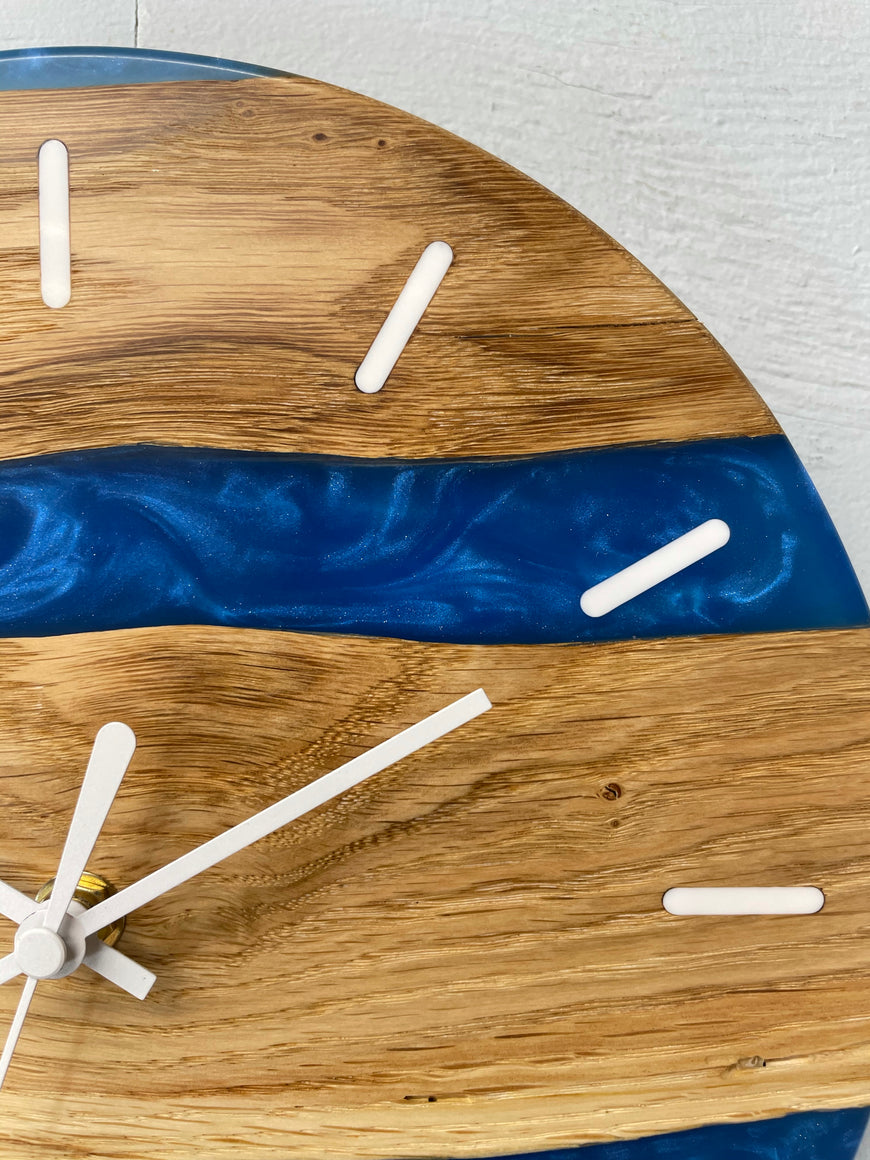 English Oak and Sapphire Blue Pearlescent Resin Wall Clock