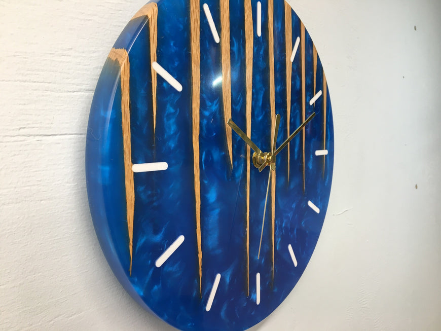 Sapphire Blue Pearlescent Resin and Red Oak Wall Clock