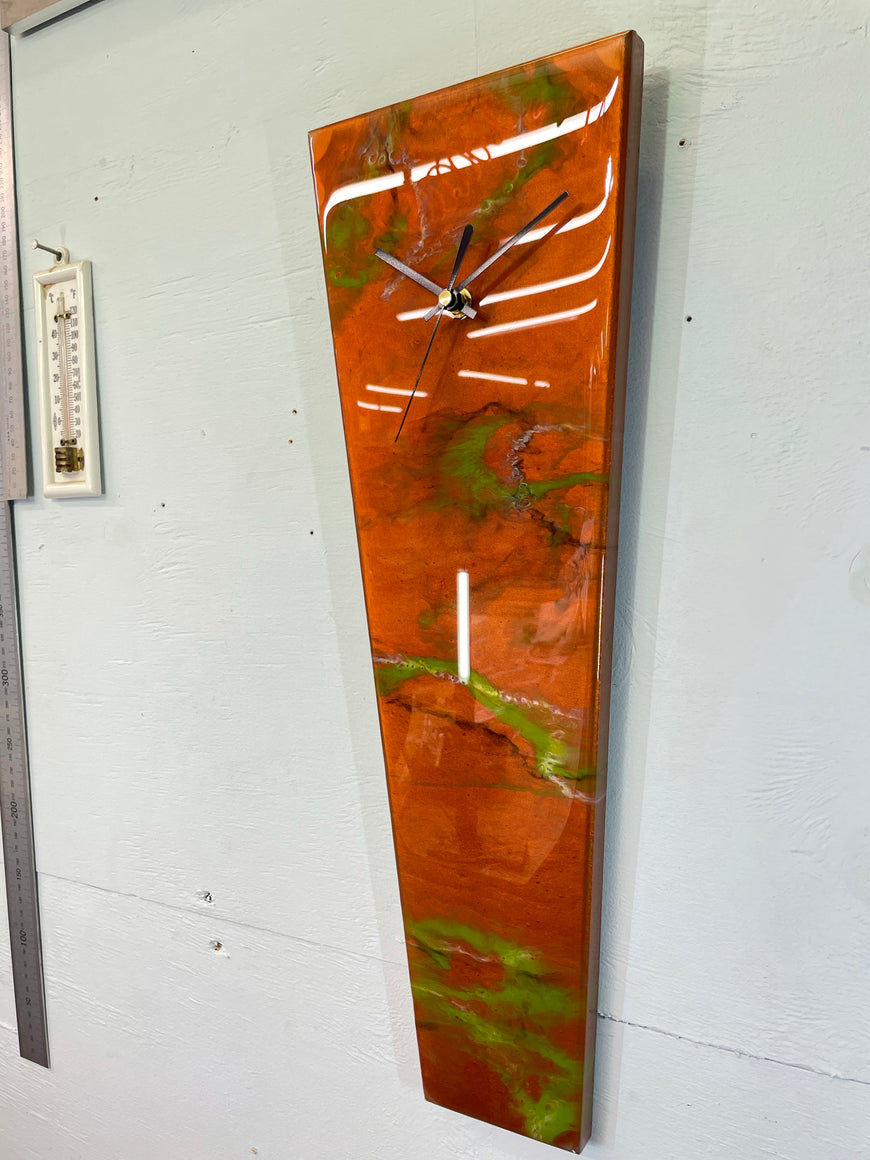 Narrow Copper and Moss Green Abstract Resin Wall Clock