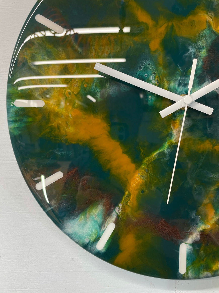 33cm Dark Green Burnt Orange and Copper Abstract Modern Resin Wall Clock