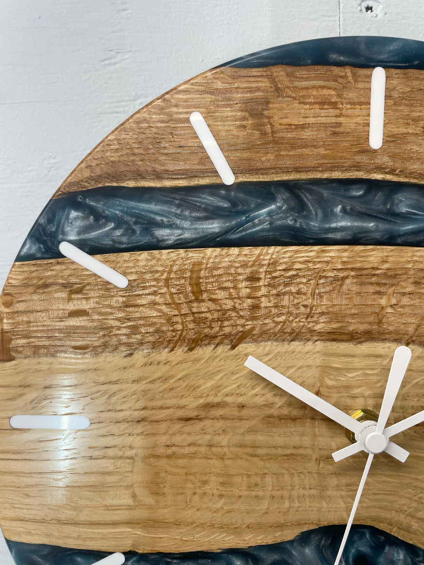 English Oak and Metallic Blue Pearlescent Resin Wall Clock