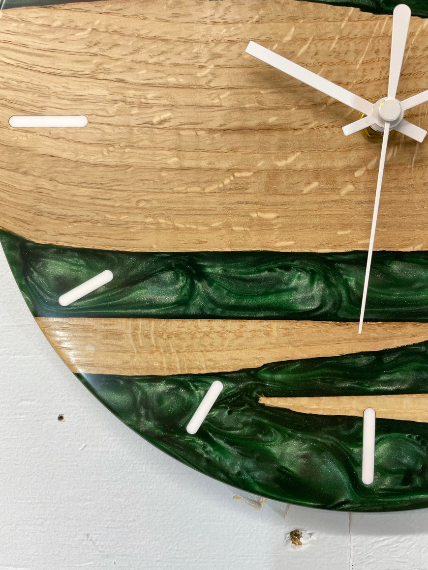 English Oak and Dark Green Pearlescent Resin Wall Clock