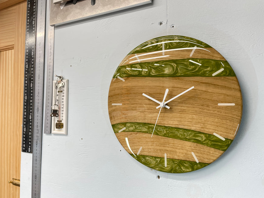 English Oak and Green Pearlescent Resin Wall Clock