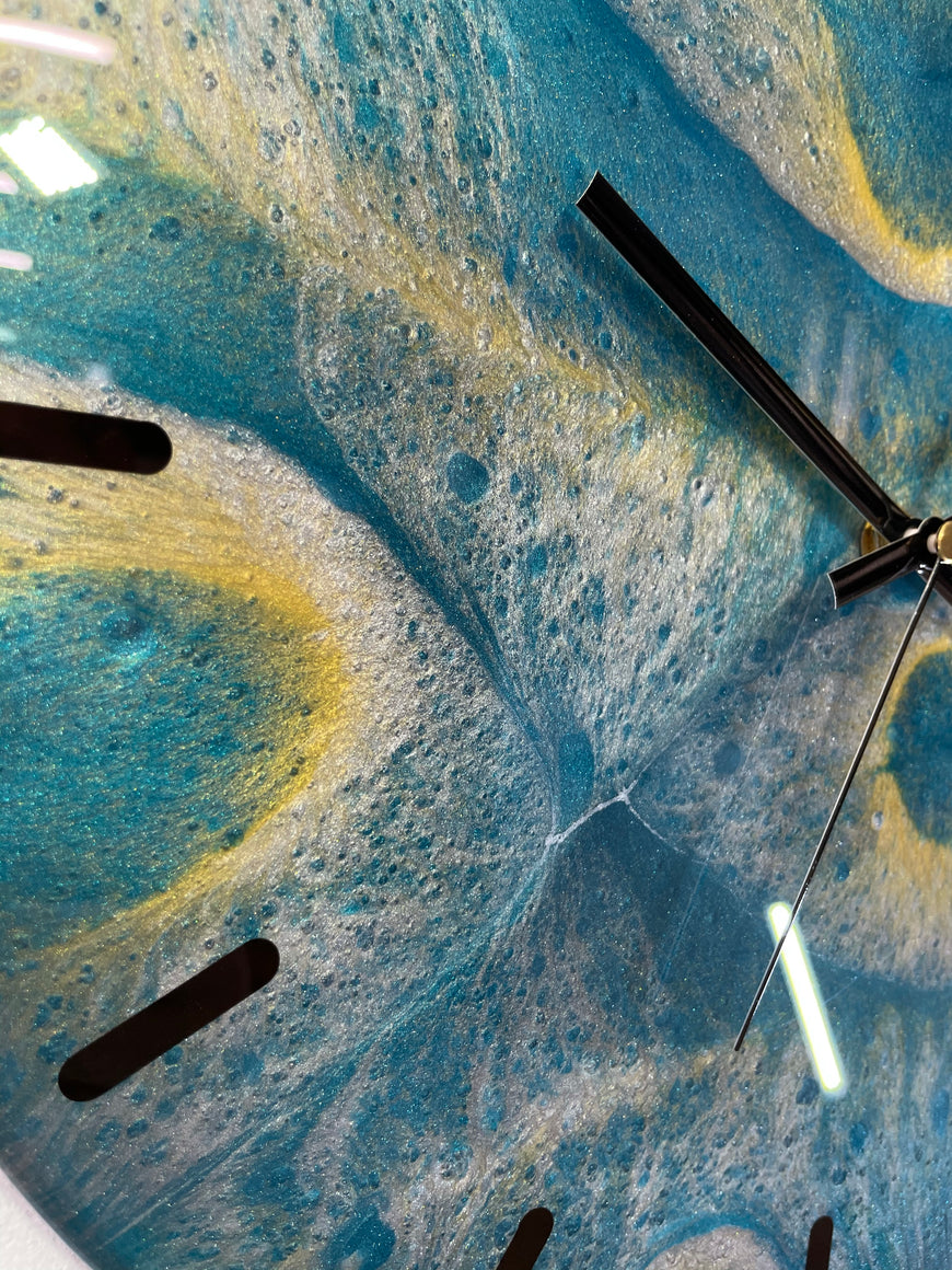 33cm Turquoise Silver and Gold Abstract Modern Resin Wall Clock