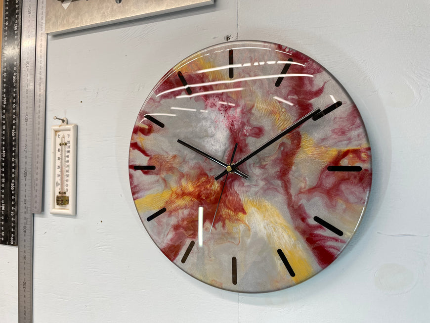 33cm Metallic Silver Maroon and Gold Abstract Modern Resin Wall Clock