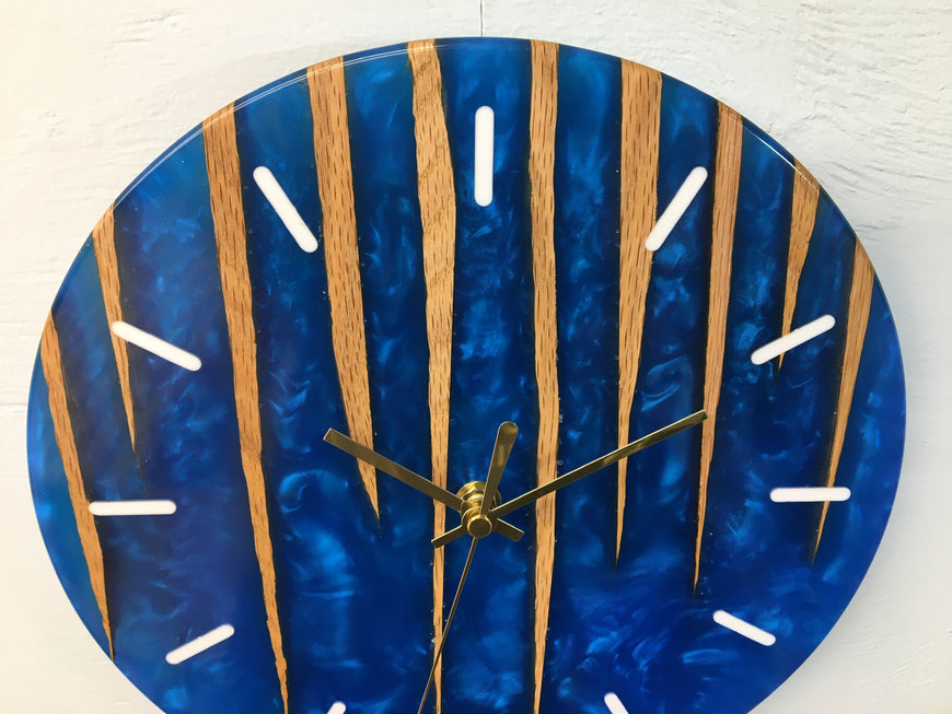 Sapphire Blue Pearlescent Resin and Red Oak Wall Clock