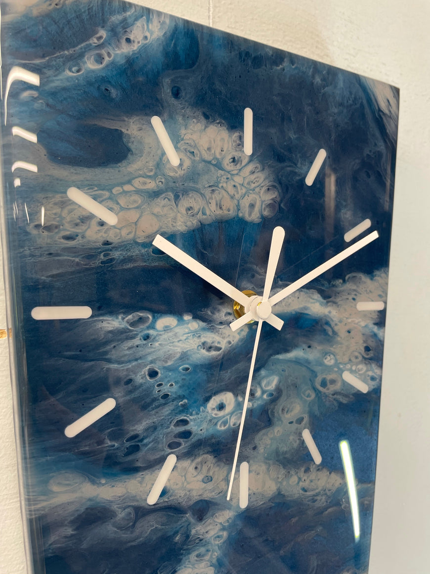 Long Narrow Navy Blue and Grey Abstract Resin Wall Clock