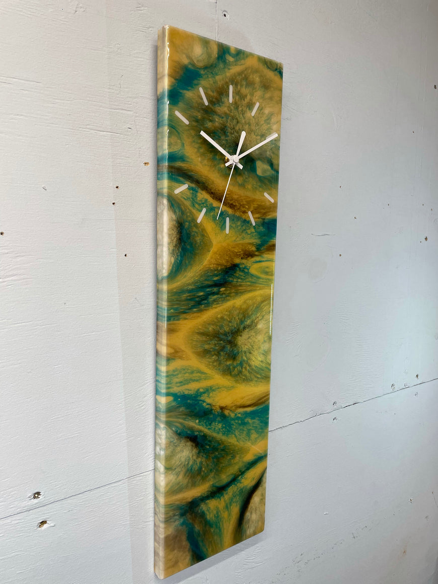 Teal and Gold Abstract Resin Wall Clock