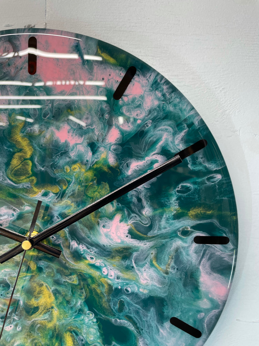 33cm Dark Green Pink and Gold Abstract Modern Resin Wall Clock