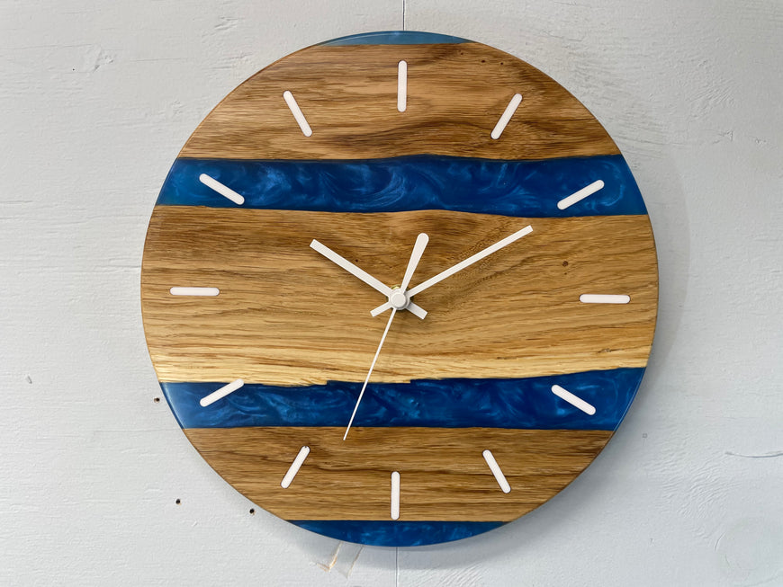 English Oak and Sapphire Blue Pearlescent Resin Wall Clock