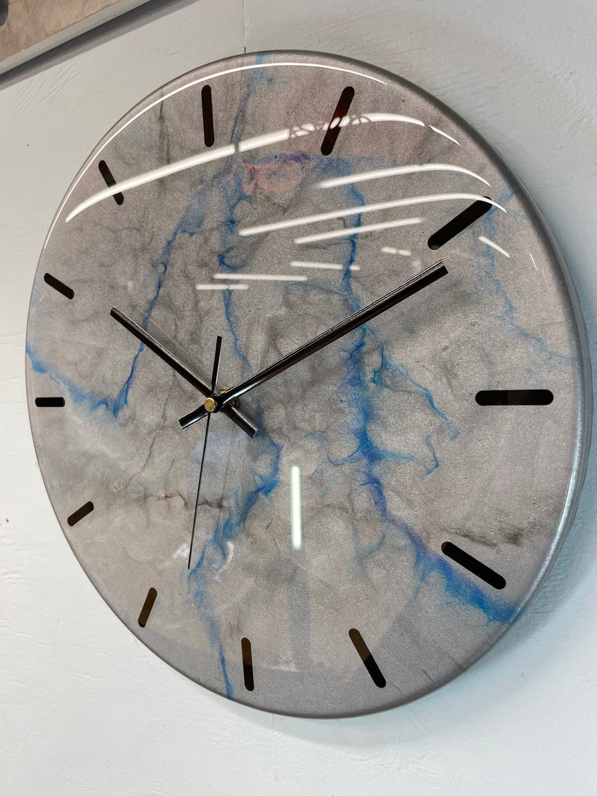 33cm Metallic Silver Blue and Black Abstract Modern Resin Wall Clock