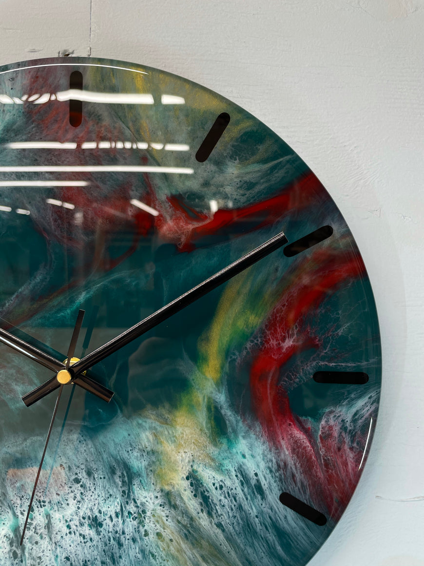33cm Dark Green Maroon and Gold Abstract Modern Resin Wall Clock