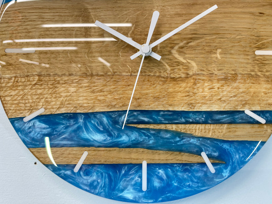 English Oak and Sky Blue Pearlescent Resin Wall Clock