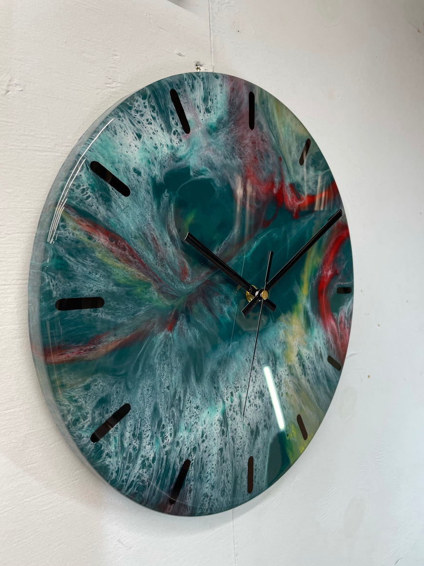 33cm Dark Green Maroon and Gold Abstract Modern Resin Wall Clock