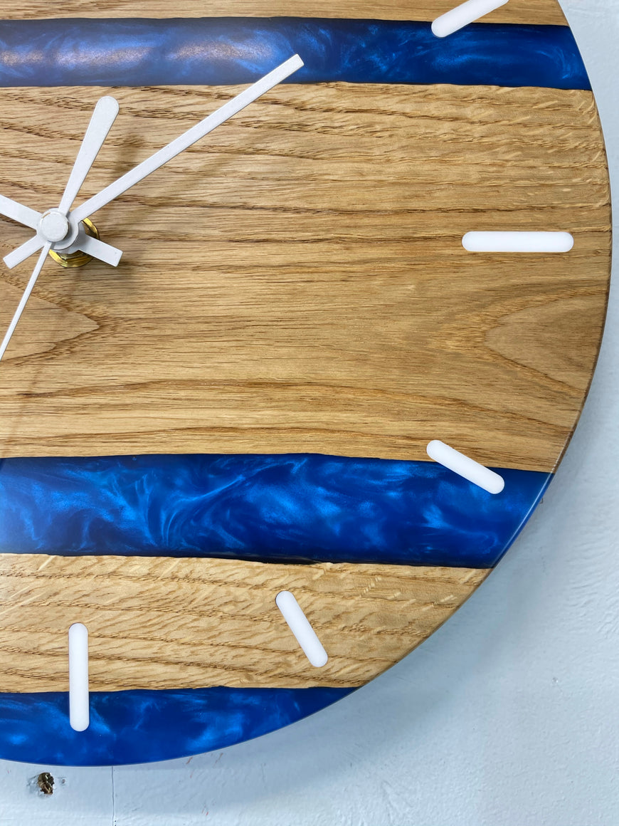 English Oak and Sapphire Blue Pearlescent Resin Wall Clock