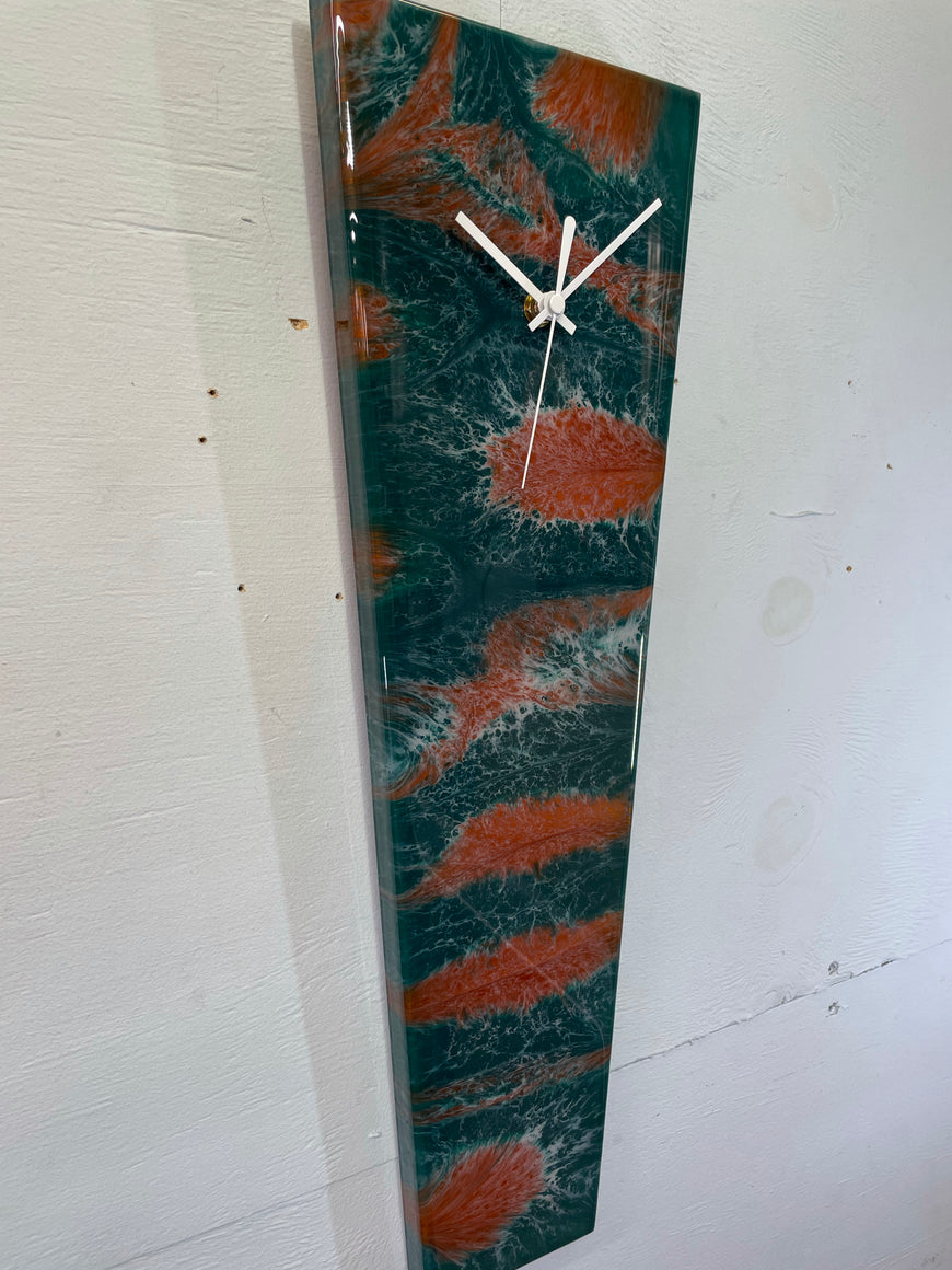 Narrow Dark Green Copper and White Abstract Resin Wall Clock