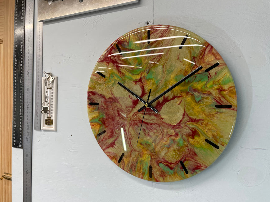 33cm Antique Gold and Maroon Abstract Modern Resin Wall Clock