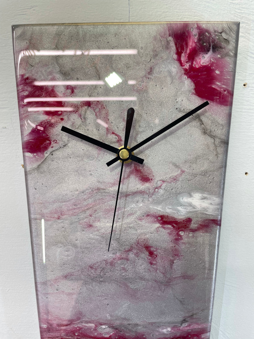 Narrow Silver and Blood Red Abstract Resin Wall Clock