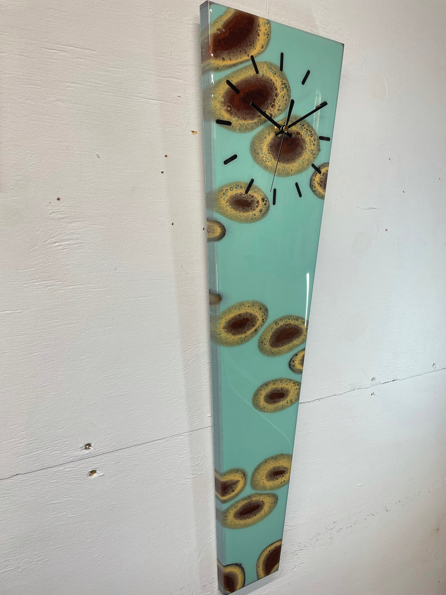 70cm Long Narrow Teal and Copper Abstract Resin Wall Clock